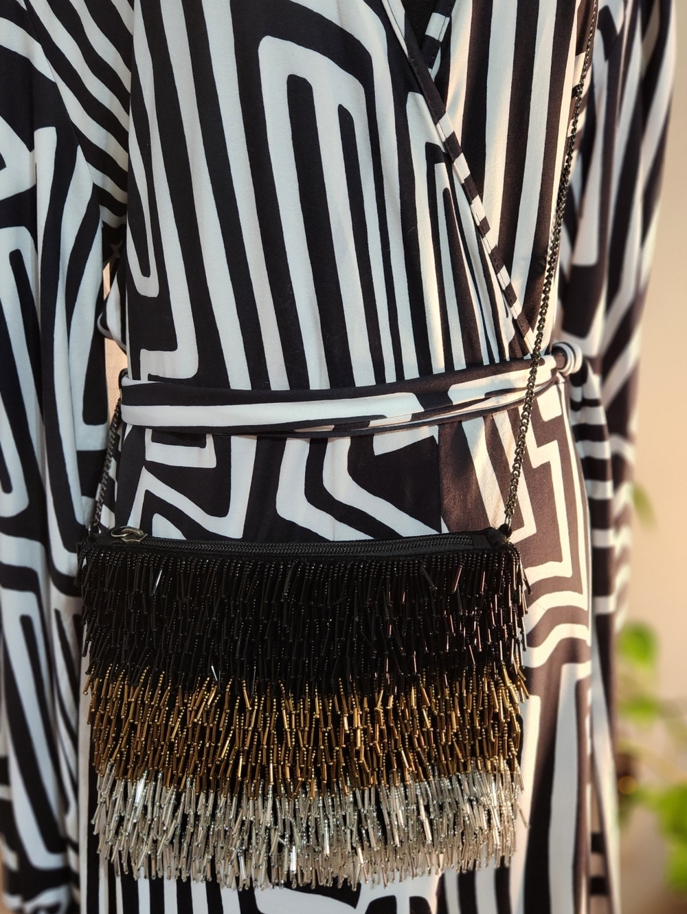 Fringed Bead Crossbody Bag - Black, Gold, Silver